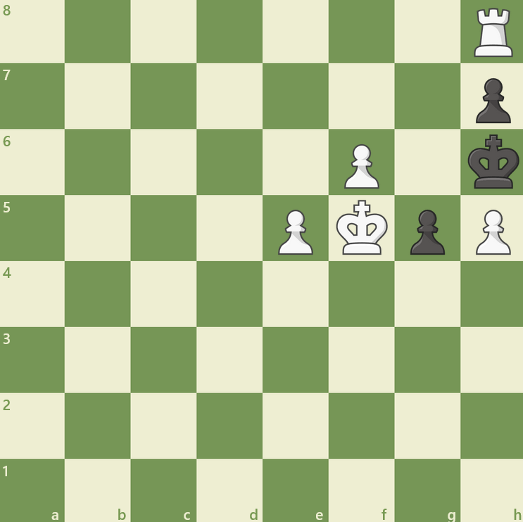 Játékos: király f5; bástya h8; gyalog e5 f6 h5 | Ellenfél: király h6; gyalog g5 h7