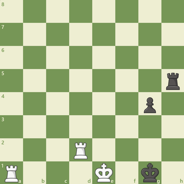 Játékos: király e1; bástya a1 d2 | Ellenfél: király g1; bástya h5; gyalog g4