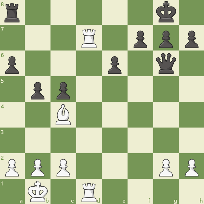 Játékos: király b1; futó c4; bástya d1 d7; gyalog a2 b2 c2 g2 h2 | Ellenfél: király g8; királynő g6; bástya a8; gyalog a6 b5 c5 e6 f7 g7 h7